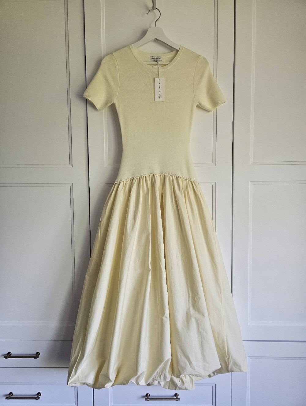 Moon River Pastel Lemon Yellow Summer Knit Bodice Maxi Balloon Dress NWT $325